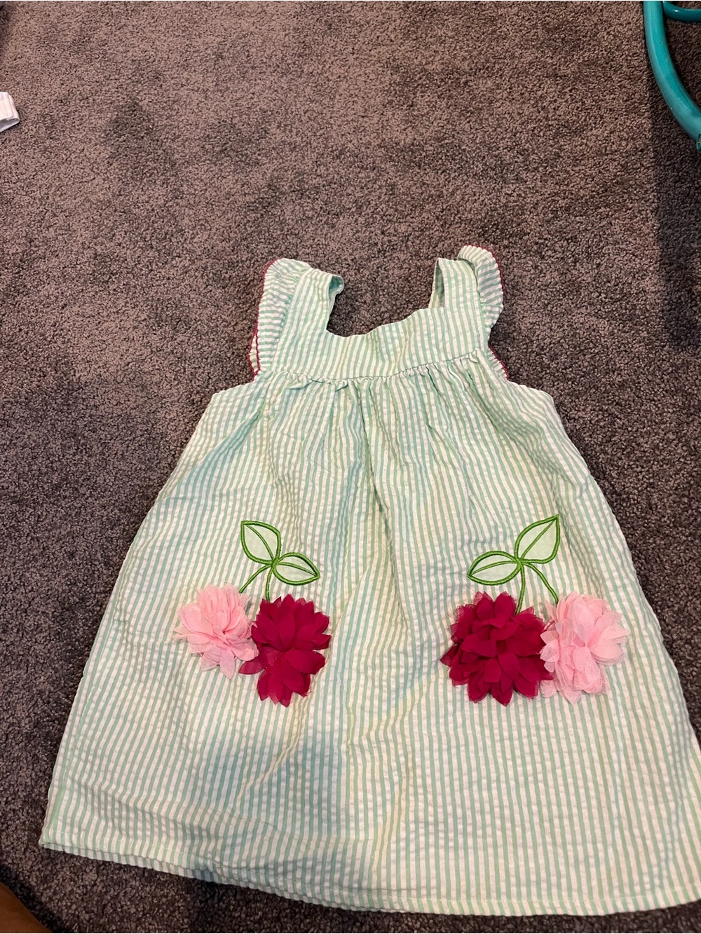 Rare Editions Mint & White Striped Dress with Pink and Fuchsia Flowers